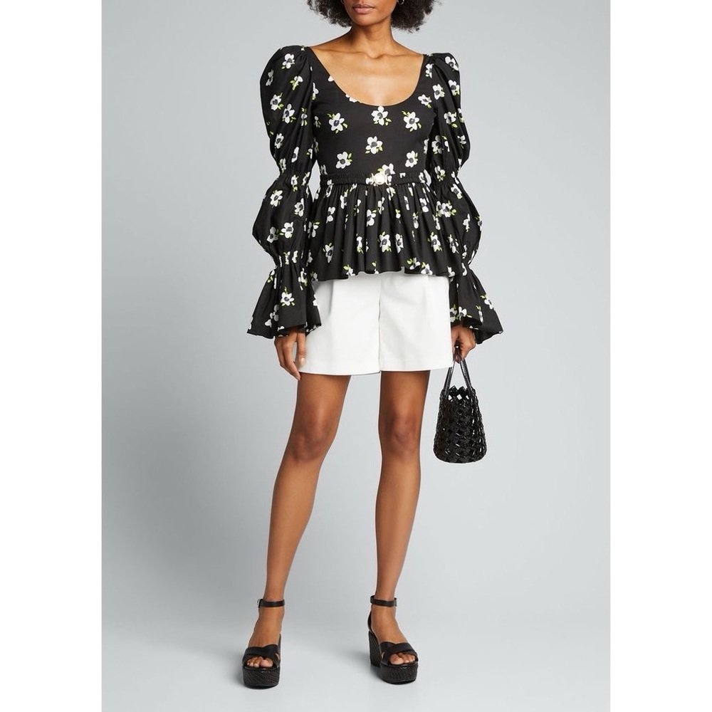 Caroline Constas Raine Belted Puff-Sleeve Top in Black/White Size M